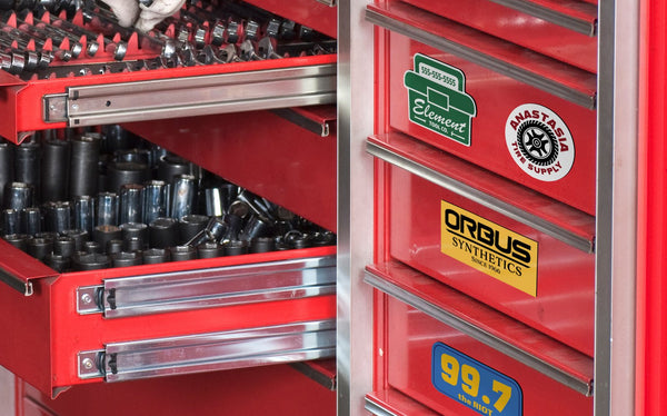 Custom magnets on a red tool chest